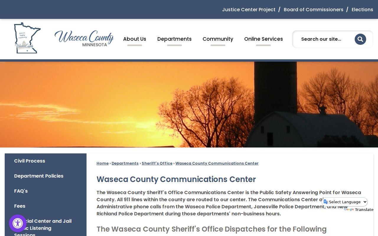 Waseca County municipal court warrant research: county dispatch agency list for the four cities