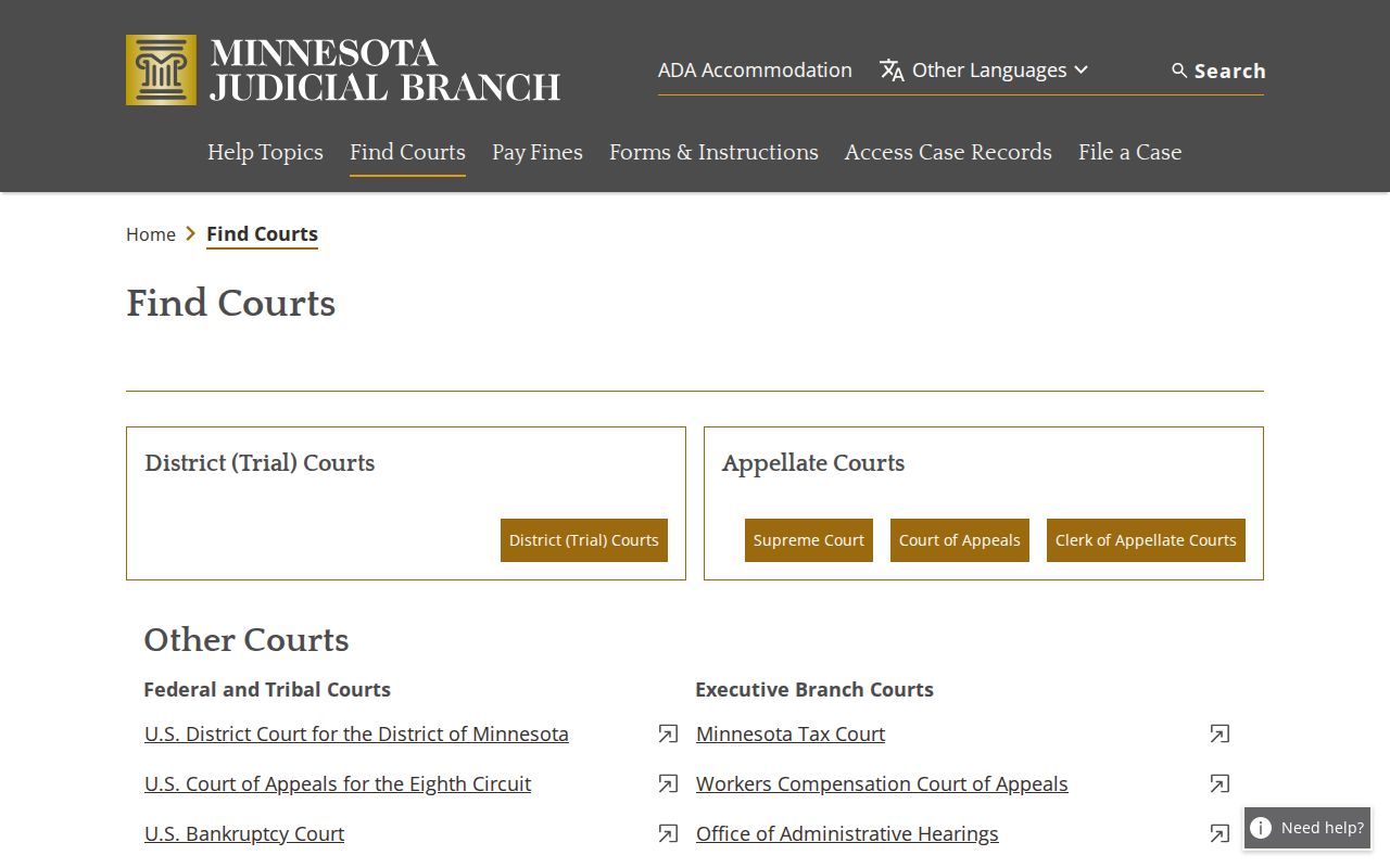 Waseca County municipal court warrant research: district court county selector showing no separate city court
