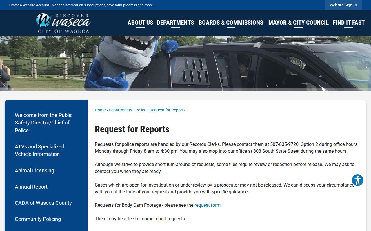 Waseca warrant records: city police report request instructions page
