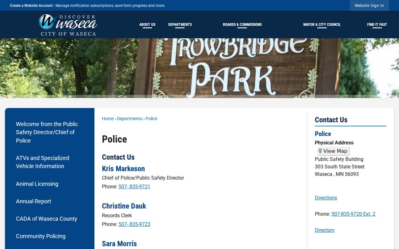 Waseca warrant records: Waseca police department page with Public Safety Building contacts