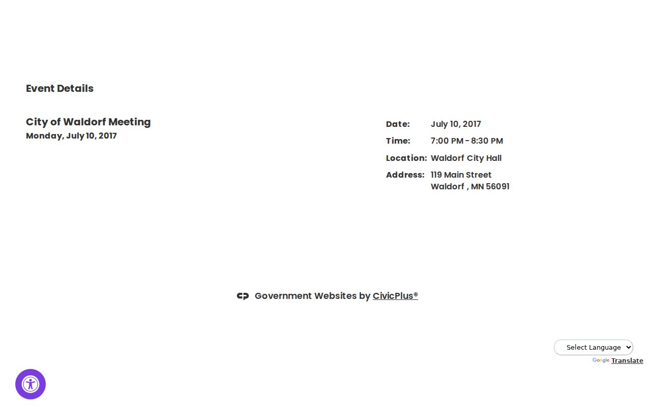Waldorf warrant records: county calendar entry for Waldorf City Hall civic venue