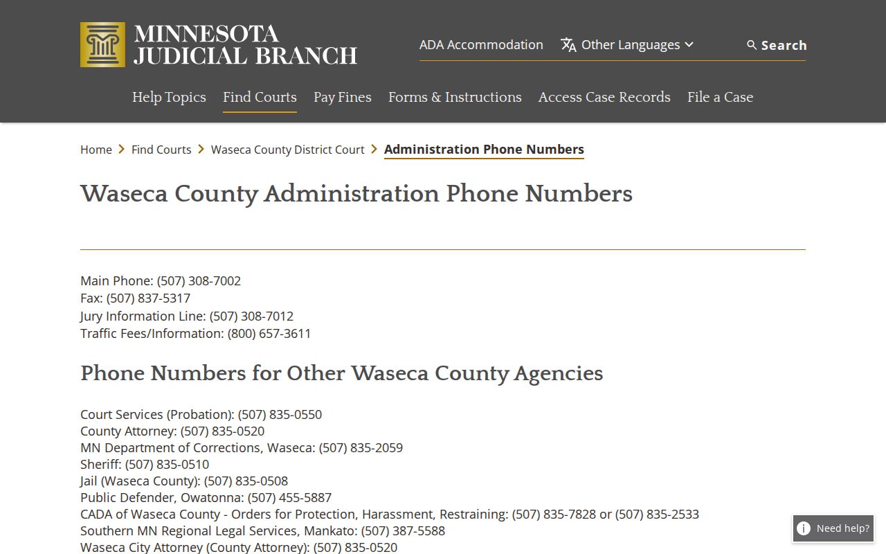 Waseca County warrant search: courthouse contact list for court, sheriff, and jail