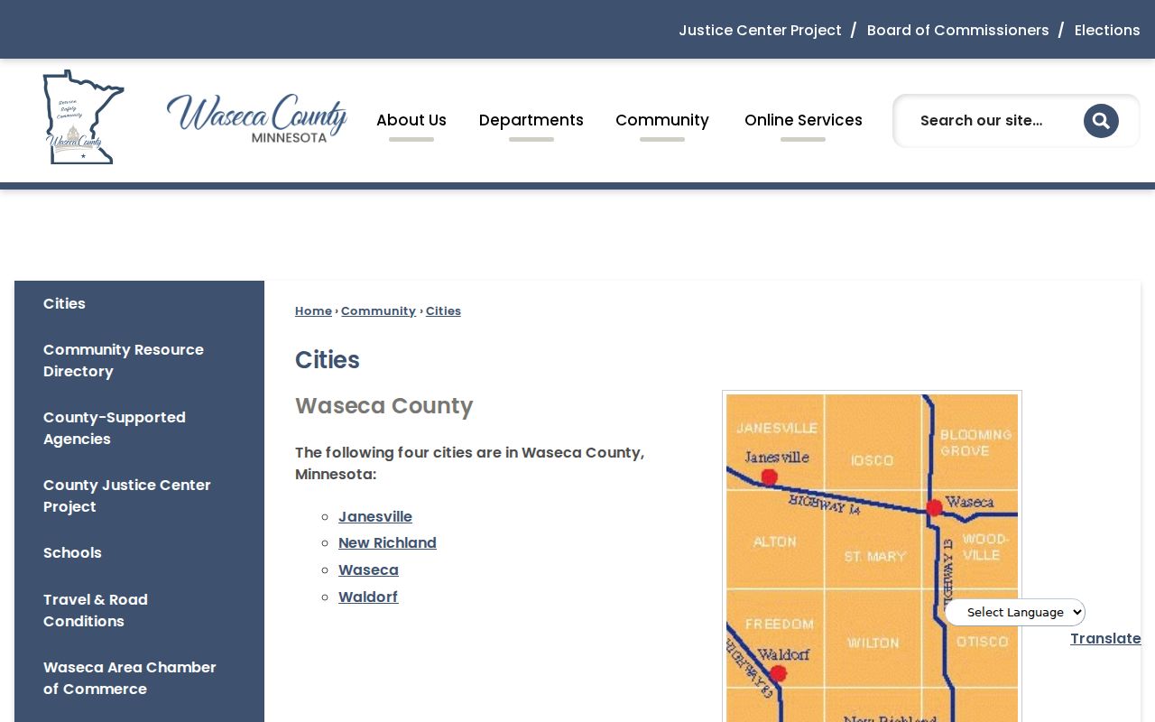 Waseca County most wanted research: official county page listing the four incorporated cities