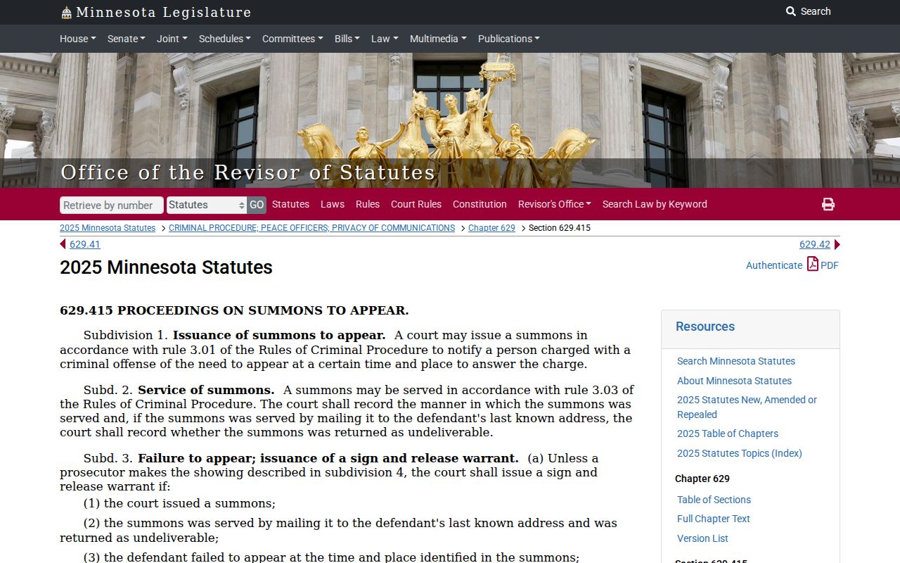 Waseca County most wanted research: Minnesota statute page for the sign-and-release warrant procedure